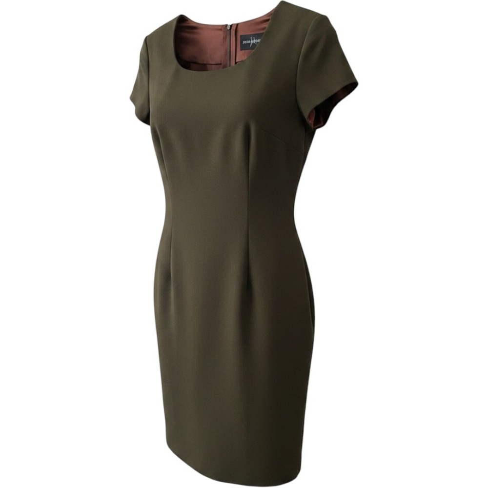John Roberts Olive Brown Short Sleeve Sheath Dress Scoop Neck Lined SZ 9-11